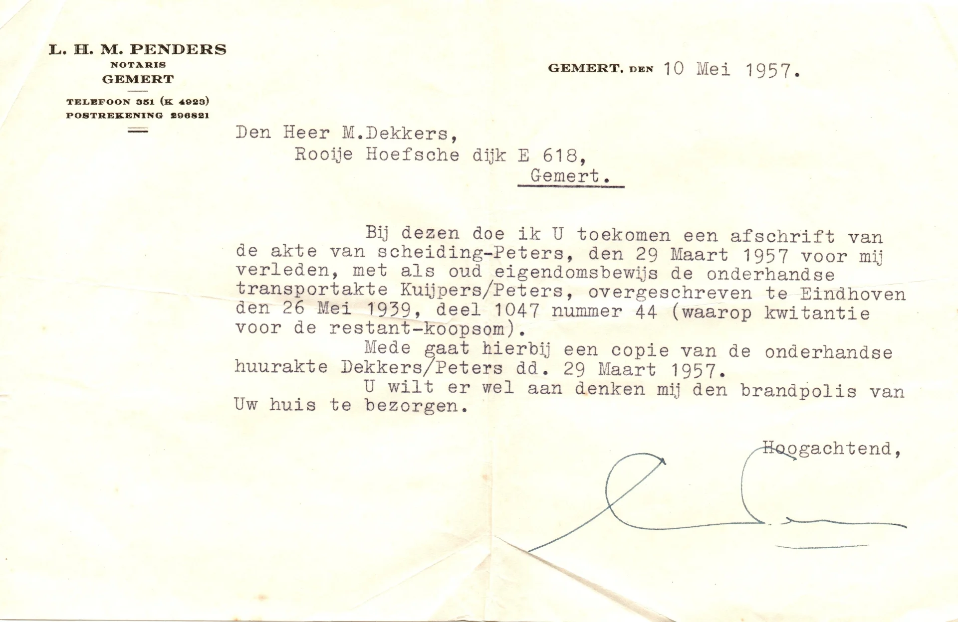 19570510 Overdracht huis begeleidend schrijven