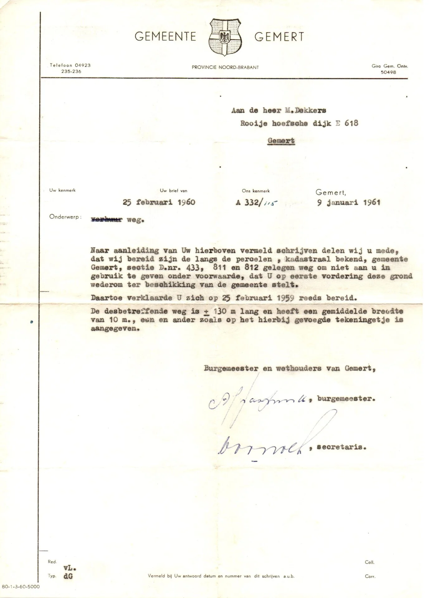 19610109 Weg oostkant in bruikleen brief