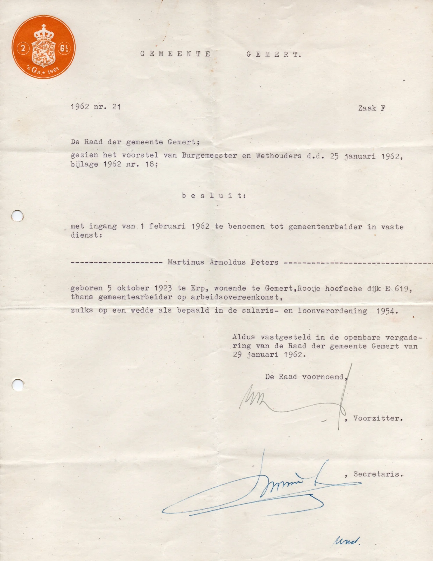 19620201 Gemeentearbeider in vaste dienst