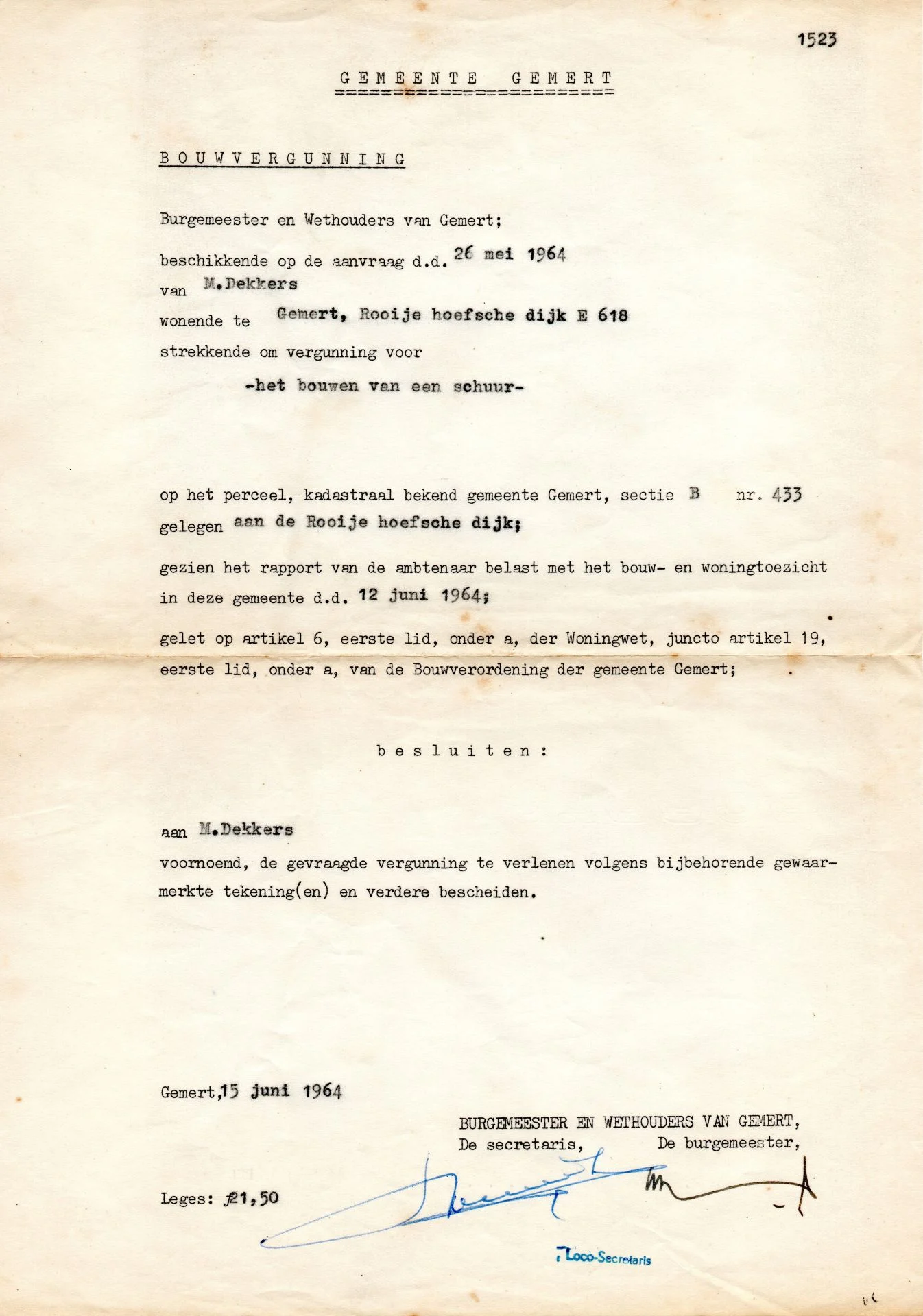 19640615 Schuur bouwvergunning